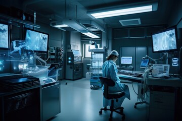 Poster - A Woman In A Hospital Room With Multiple Monitors And Equipment On The Walls Hospital Panoramic Photography Medical Devices Generative AI 