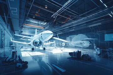 Poster - A Large Jetliner Sitting Inside Of A Hangar Under Construction On A Cloudy Day Workshop Panoramic Photography Manufacturing Planning And Control