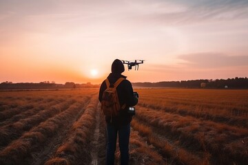 Poster - A Man Standing In A Field Watching A Plane Fly Over Him Farm Aerial Photography Aerial Photography Generative AI 