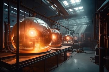 Poster - A Large Metal Ball With A Light On It In A Factory Abandoned Factory Interior Stereoscopic Photography Industrial Photography Generative AI 