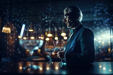 Poster - A Man Standing At A Bar With Two Wine Glasses In Front Of Him Distillery Advertising Photography Commercial Photography Generative AI 