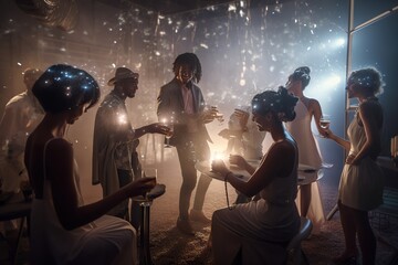 Poster - A Group Of People Standing Around A Room With Lights On Them Nightclub Advertising Photography Cocktails Generative AI 