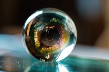 Wall Mural - A Close Up Of A Glass Ball On A Table Top With A Reflection Of A Person Aquarium Time-lapse Photography Macro Photography Generative AI 