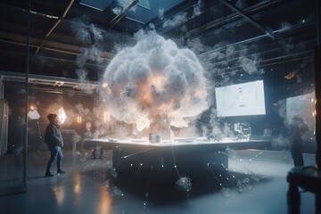 Poster - A Man Standing In Front Of A Large Cloud Of Smoke In A Room Conference Room Photorealism Cloud Computing Generative AI 