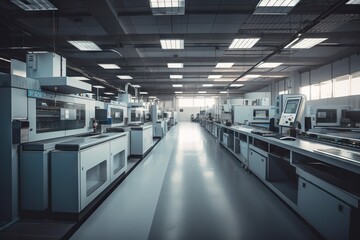 Poster - A Large Room With Many Appliances And Counters In It And A Long Hallway Leading To The Ceiling Factory Advertising Photography Manufacturing Planning And Control