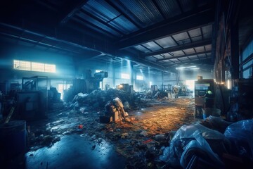 Poster - A Large Room With Lots Of Trash And A Lot Of Machinery Junkyard Long Exposure Photography Industrial Photography Generative AI 