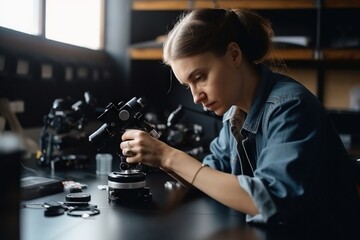 Poster - A Woman Looking Through A Microscope At A Table With Other Items Workshop Stereoscopic Photography Science Writing