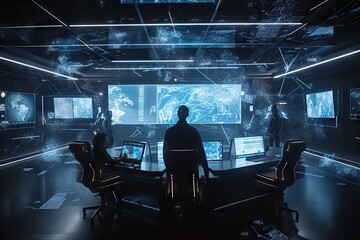 Poster - A Man Standing In Front Of A Table With Monitors On It Conference Room Panoramic Photography Cybersecurity Generative AI 