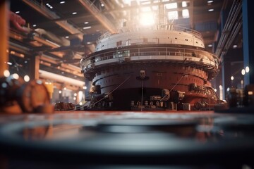 Poster - A Large Ship In A Large Building With A Lot Of Lights Industrial Port Photorealism Industrial Photography Generative AI 