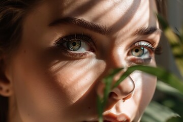 Wall Mural - A Woman With Blue Eyes And A Green Plant In Her Hand Forest Portrait Photography Portrait Photography Generative AI 