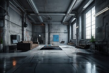 Poster - A Large Room With A Couch A Table And A Piano Abandoned Industrial Warehouse Interior Photorealism Interior Design Generative AI 