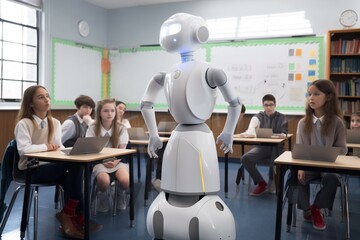 Poster - A Robot Standing In Front Of A Classroom Full Of Students With Laptops Classroom Performance Photography Robotics Engineering