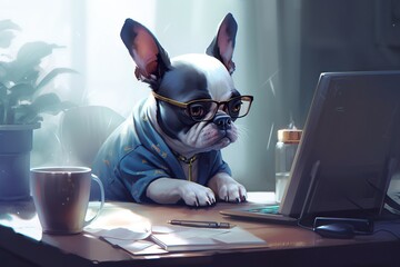 Fototapete - A Dog Wearing Glasses Sitting At A Desk With A Laptop Computer Coffee Shop Digital Art Entrepreneur
