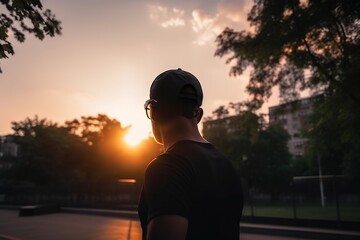 Wall Mural - A Man Standing In Front Of A Sunset With A Skateboard Urban Park At Golden Hour Portrait Photography Entrepreneurial Finance