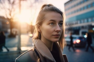 Wall Mural - A Woman With Ear Buds On Her Ears Is Standing In The Street Modern City Skyline At Blue Hour With Portrait Photography Portrait Photography Generative AI 