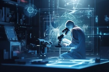 Poster - A Man In A Lab Looking At A Computer Screen With A Microscope Science Museum Assemblage Science Writing Generative AI 