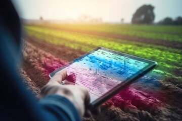 Poster - A Person Holding A Tablet In A Field With A Colorful Background Farm Advertising Photography Supply Chain Optimization Generative AI 