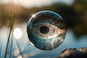 Wall Mural - A Close Up Of A Water Droplet With Grass In The Background Lake Macro Photography Macro Photography Generative AI 