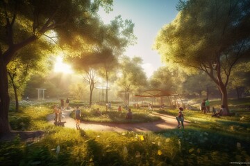 Wall Mural - A Painting Of People Walking Around A Park At Sunset Or Sunrise Urban Park At Sunset Photorealism Landscape Architecture Generative AI 