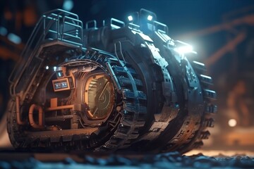 Poster - A Futuristic Clock Is Shown In A Dark Room With Lights On Deep Sea Trench Photorealism Mining