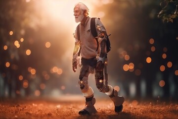 Poster - a man with a backpack and a robot suit walking through a park zoo advertising photography robotics e