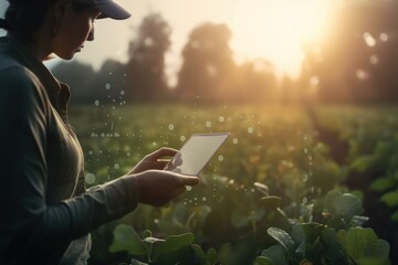 Poster - A Woman In A Hat Is Holding A Tablet In A Field Farm Time-lapse Photography Agriculture Generative AI 