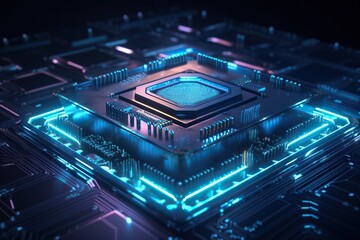Poster - A Computer Processor With A Blue Light Shining On It's Side Factory Video Art Computer Graphics Generative AI 