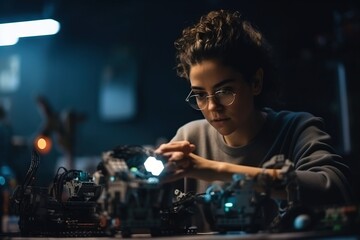 Poster - A Woman Working On A Robot In A Dark Room With A Light Workshop Advertising Photography Robotics Engineering Generative AI 