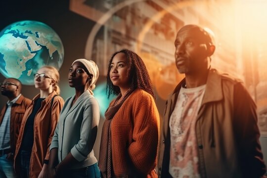 A Group Of People Standing In Front Of A Globe With A Sun Shining On It Deep Sea Trench Advertising Photography Diversity And Inclusion Generative AI 