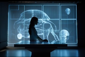Poster - A Woman Standing In Front Of A Display Of Human Head And Body Images Science Museum Video Art Medical Imaging Generative AI 