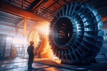 Poster - A Man Standing In Front Of A Large Machine In A Factory Factory Long Exposure Photography Industrial Photography Generative AI 