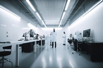 Poster - A Group Of People In Lab Coats Standing Around A Table With Microscopes Workshop Advertising Photography Manufacturing Planning And Control Generative AI 