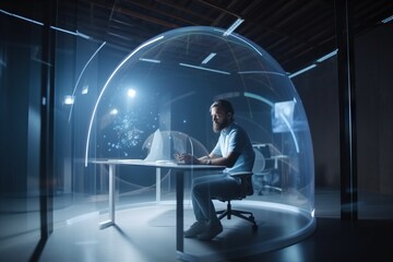 Fototapete - A Man Sitting At A Desk In A Glass Dome With A Laptop Conference Room Advertising Photography Cybersecurity Generative AI 