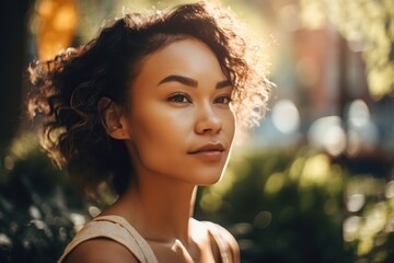 Wall Mural - A Woman With A Short Haircut And A White Shirt Is Looking At The Camera Urban Park At Golden Hour Portrait Photography Portrait Photography Generative AI 