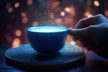 Poster - A Person Is Holding A Spoon Over A Blue Bowl Of Liquid Coffee Shop Long Exposure Photography Smart Homes Generative AI 