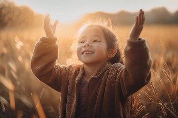 Wall Mural - A Little Girl That Is Standing In A Field Of Grass With Her Hands Up Countryside Wheat Fields Portrait Photography Mindfulness Generative AI 