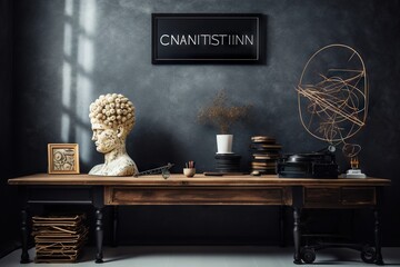 Poster - A Table With A Statue Of A Human Head On It And A Sign Above It Workshop Advertising Photography Interior Photography Generative AI 