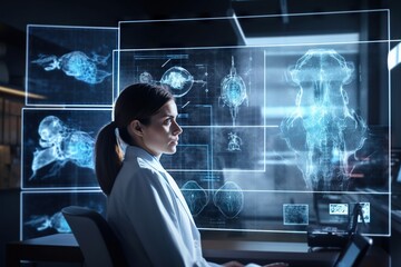 Poster - A Woman Sitting At A Desk In Front Of A Computer Screen Hospital Advertising Photography Medical Devices Generative AI 