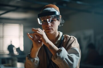 Poster - A Woman Wearing A Visor And Holding Her Hands Together In Front Of Her Face Factory Glass Blowing Engineering Education Generative AI 