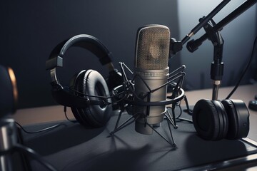 Poster - A Microphone And Headphones Are Sitting On A Table With A Microphone Radio Station Advertising Photography Radio Production Generative AI 