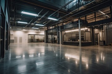 Poster - A Large Empty Room With A Lot Of Windows And A Ceiling Abandoned Industrial Warehouse Interior Architectural Photography Facilities Management Generative AI 