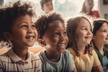 Poster - A Group Of Children Sitting Next To Each Other Smiling At The Camera Amusement Park Portrait Photography Diversity And Inclusion Generative AI 