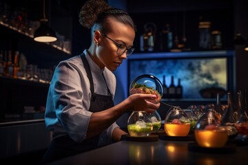 Poster - A Woman In Glasses Is Preparing A Meal In A Kitchen With A Dark Background Restaurant Advertising Photography Commercial Photography Generative AI 