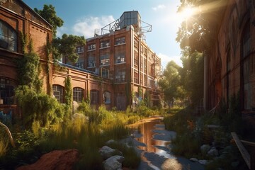 Poster - A Painting Of A Building In A City With A River Running Through It Abandoned Factory At Sunset Photorealism Environment Generative AI 