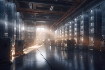 Poster - A Large Room With A Lot Of Metal Containers In It's Walls Factory Photorealism Industrial Photography Generative AI 