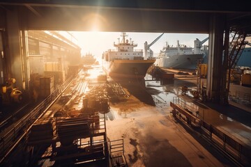 Poster - A Large Ship Docked At A Dock With Other Ships In The Background Industrial Port Panoramic Photography Supply Chain Optimization