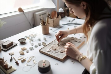 Poster - A Woman Is Working On A Jewelry Display In A Studio Area Workshop Jewelry Making Jewelry Design Generative AI 