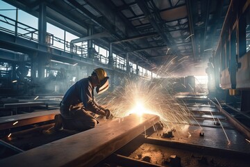Poster - A Man In A Factory Welding Metal With Sparks In His Hands Construction Equipment Yard Advertising Photography Manufacturing Planning And Control Generative AI 