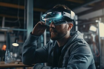 Poster - A Man Wearing A Virtual Reality Headset In A Bar With A Glass Of Water Workshop Stereoscopic Photography Augmented Realitylooking, only men, senior adult, old, men, serious, portrait, senior men, one 