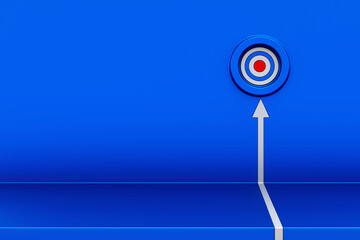 Wall Mural - White arrow hit the target on blue metal wall. White arrow climbing up over,  3d arrow going upward,  business strategy and target achievement concept. 3d rendering